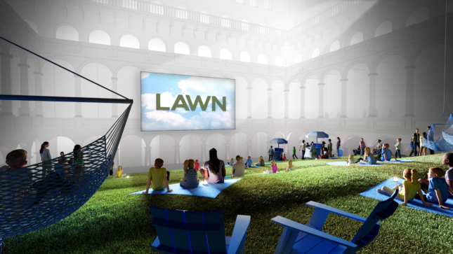 Rendering of people assembled on an indoor lawn, watching a projection