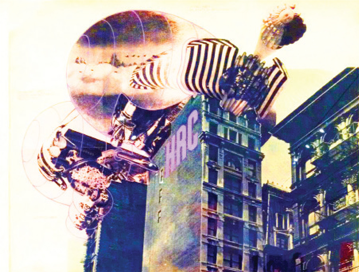 Scanned collage of inhabitable bubbles attached to the top of an New York apartment building