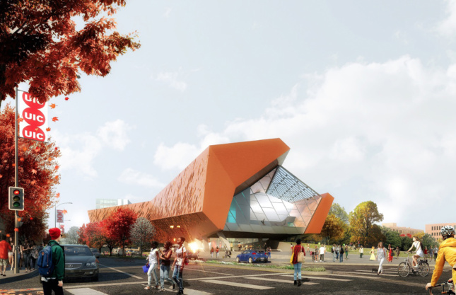 Rendering of an arts center at University of Illinois at Chicago