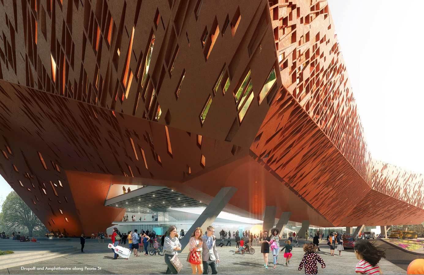 Rendering of an orange building with a perforated skin