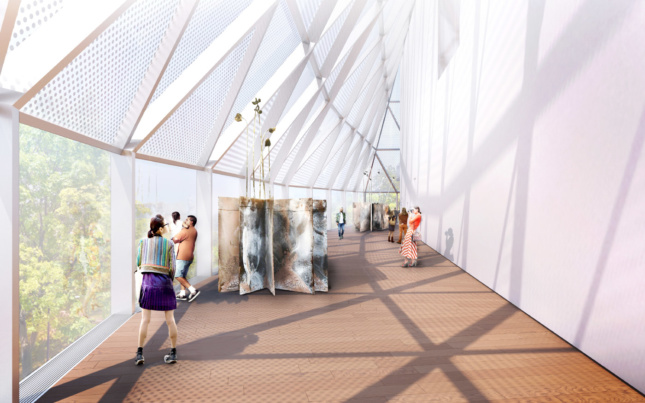 Rendering of a walkway with art, white walls, and large glass windows