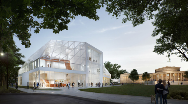 Rendering of a white steel and glass building on a lawn
