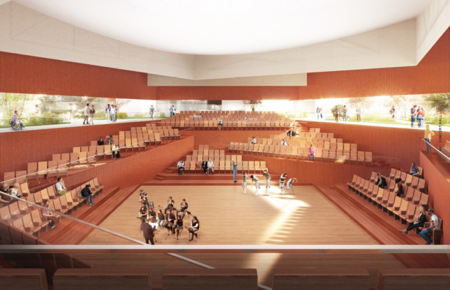 Rendering of a light theater interior for the University of Illinois at Chicago lit by a strip of windows
