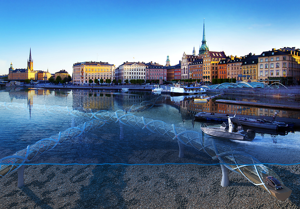 The coastal side of Stockholm with rendered underwater tunnels for autonomous electric vehicles