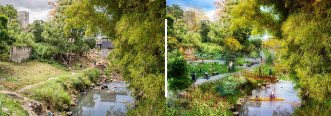 Side-by-side comparison of a photo of an overgrown riverbank with an illustrated and polished version of the same view
