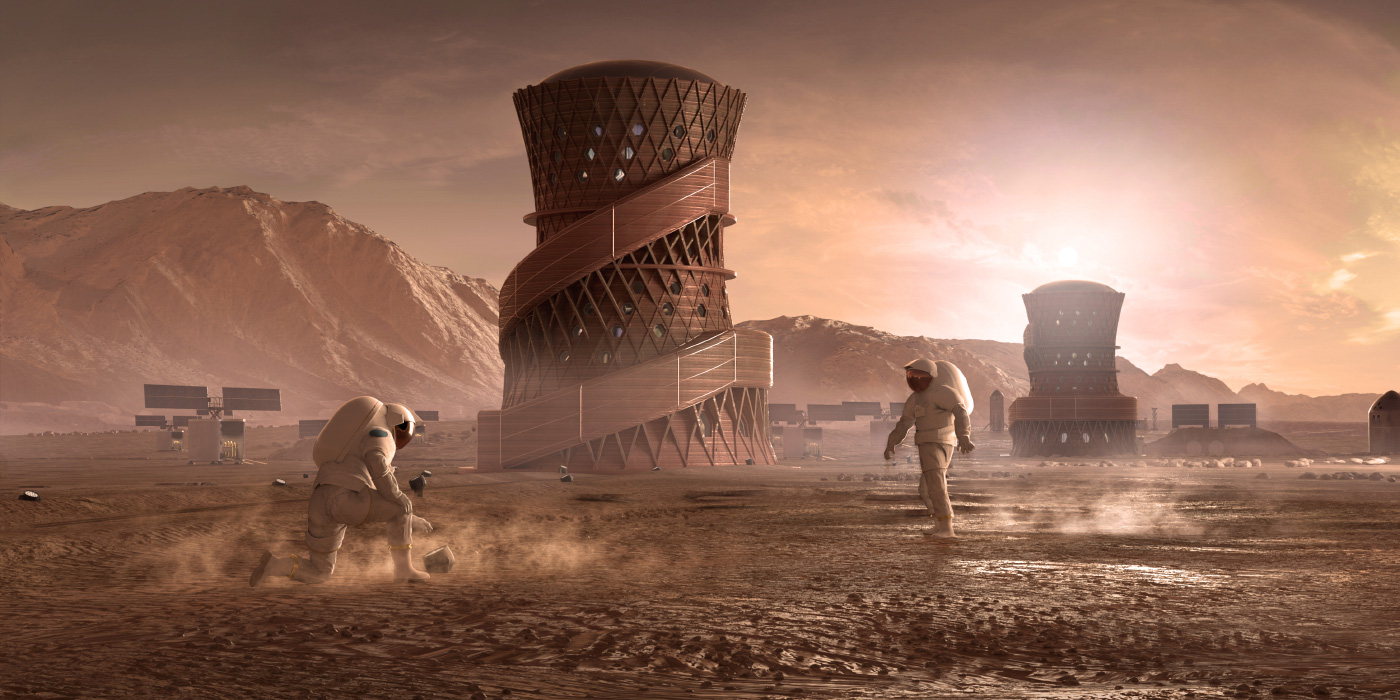 Rendering of a hyperboloid tower on Mars with astronauts outside