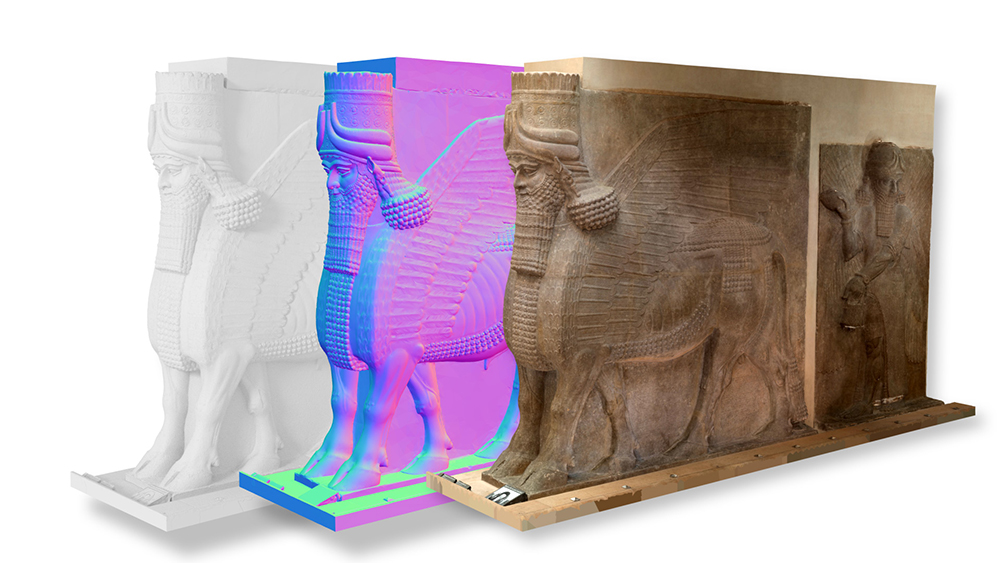 A view of different textures on a 3D rendering of a sculpture