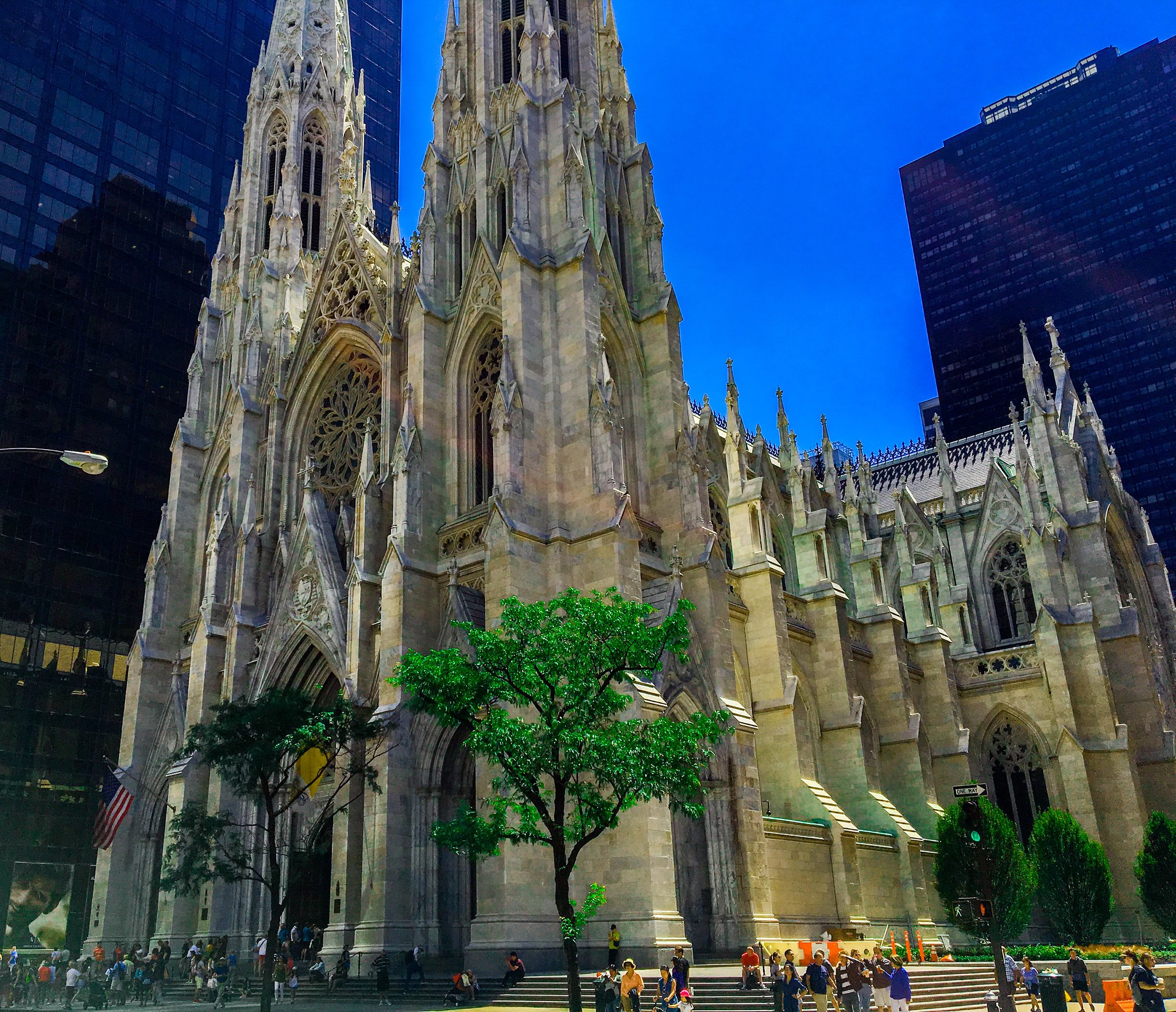 Exterior photo of St. Patrick's Cathedral in New York during summer