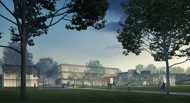 Exterior rendering of Weill Hall with glass structures