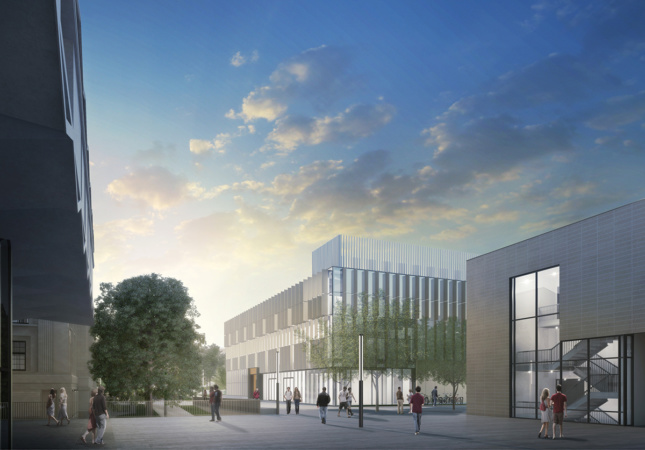 Exterior rendering of Weill Hall and public plaza