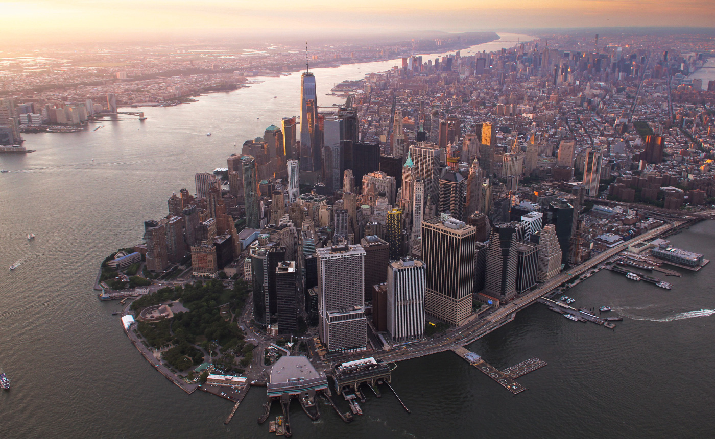 An aerial photo of the southern tip of Manhattan