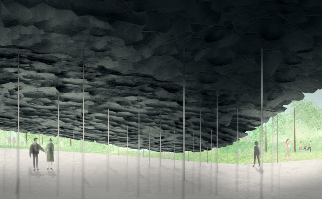 Rendering of people huddled below a stone canopy
