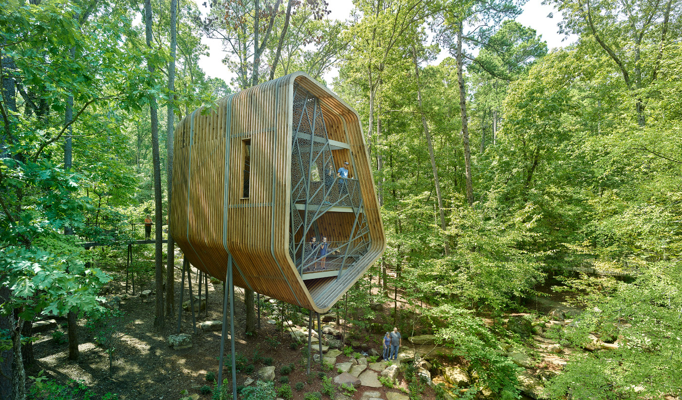 Photo of a two-story treehouse in a green forest