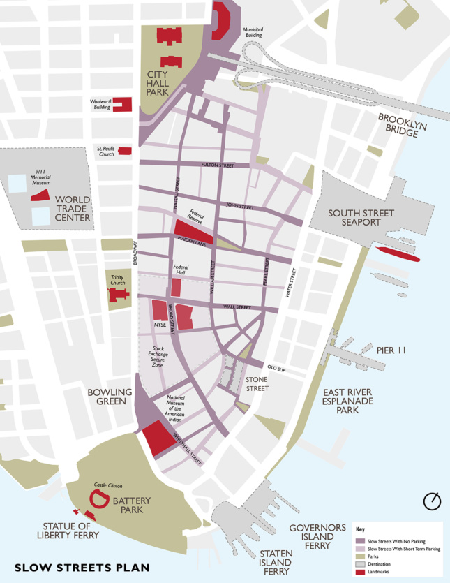 Street map showing shared streets between Water Street and Broadway in Lower Manhattan