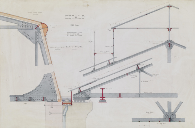 Colored section detail drawings of an ironwork roof truss labeled in French