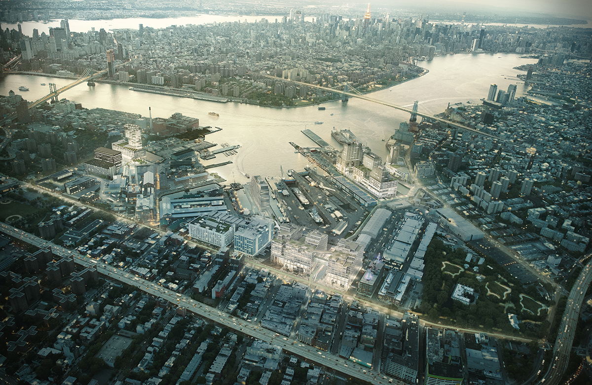 Aerial rendering of Brooklyn Navy Yard showing proposed manufacturing and tech buildings