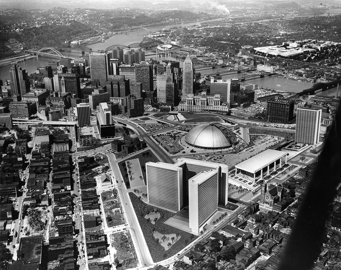 Aerial photograph of Pittsburgh skyline with collaged in building designs