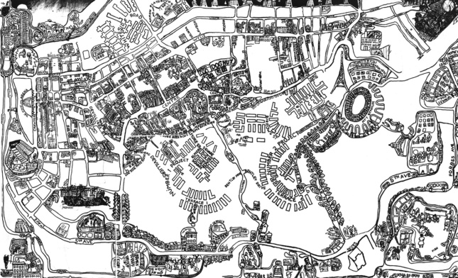 Abstract, hand-drawn map of buildings and streets