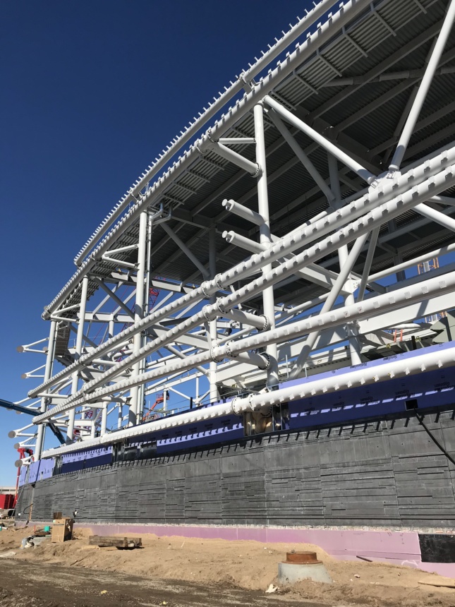 The exposed steel structure of Allianz Field