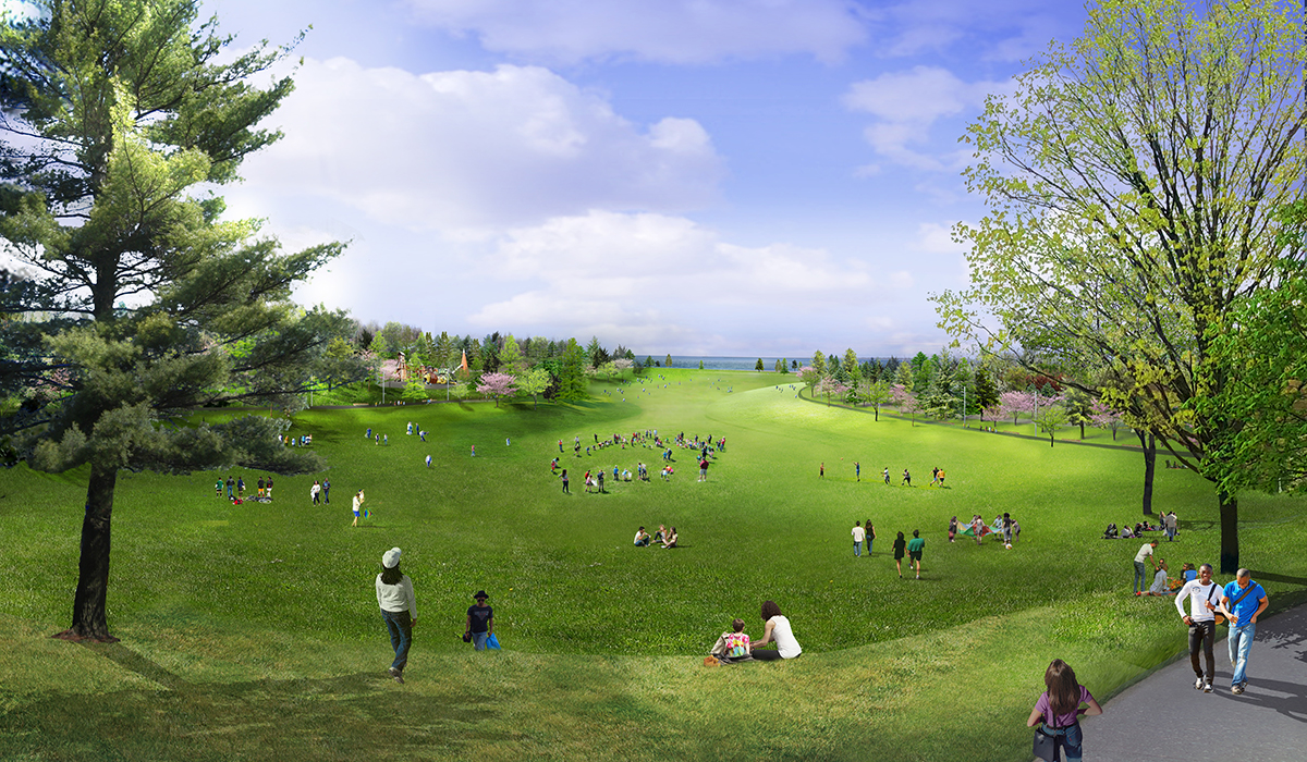 Rendering of a great lawn looking out over lake