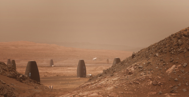 Rendering of a colony of egg-shaped structures on the barren Martian surface