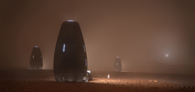 Rendering of a colony of egg-shaped structures on the barren Martian surface at night