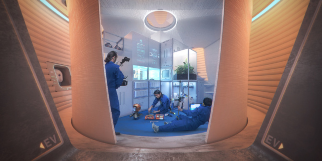 A rendering of astronauts lounging inside of a circular living room