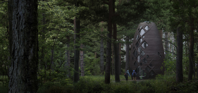 Rendering of an egg-shaped vertical structure amidst a forest