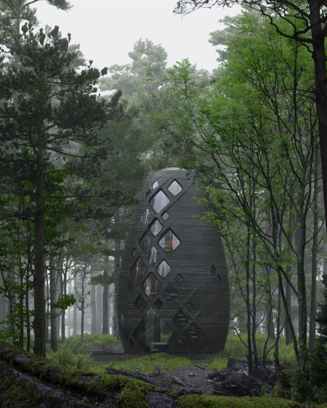 An egg-shaped black structure with a row of vertical windows, in a forest