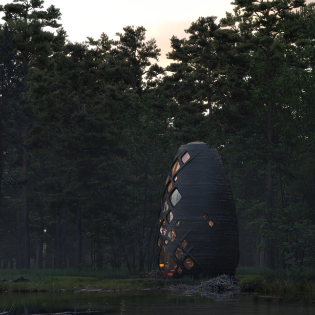 Rendering of an egg-shaped vertical structure amidst a forest at sunset