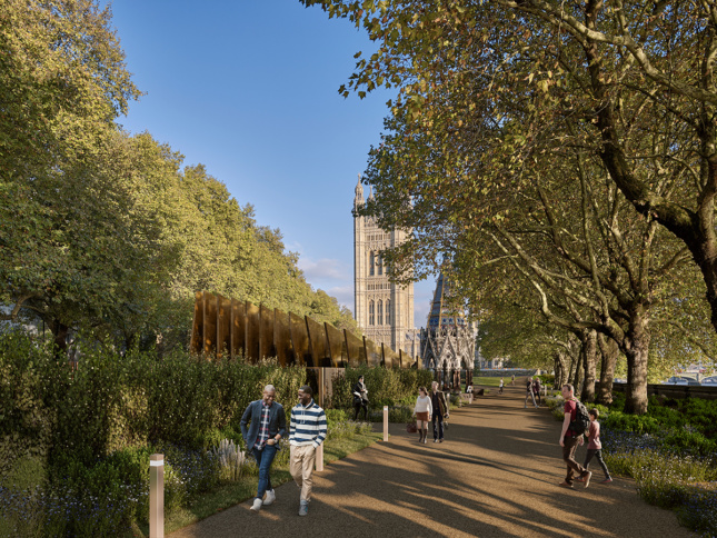 Rendering of Victoria Gardens with memorial sticking out of plantings