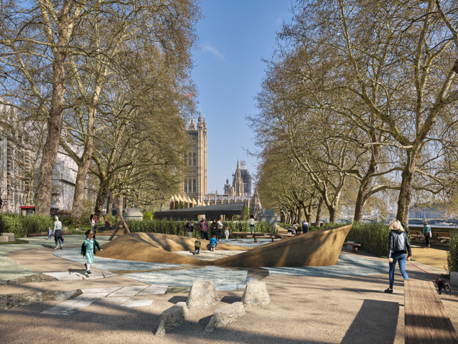 Rendering of Holocaust memorial in Victoria Gardens with Houses of Parliament in the background