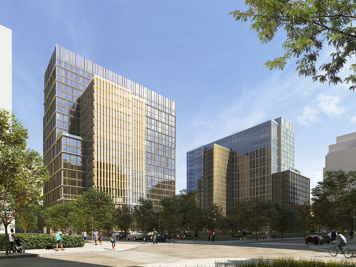 Rendering of two glassy buildings and park