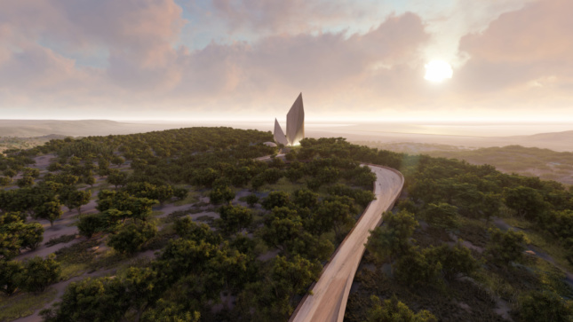 Rendering of a jagged concrete spire set against a sweeping plane, with a path leading to it
