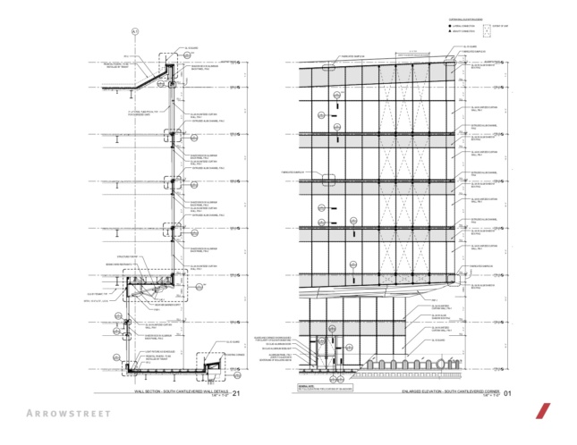 Heavily annotated section and elevations of Congress Street addition