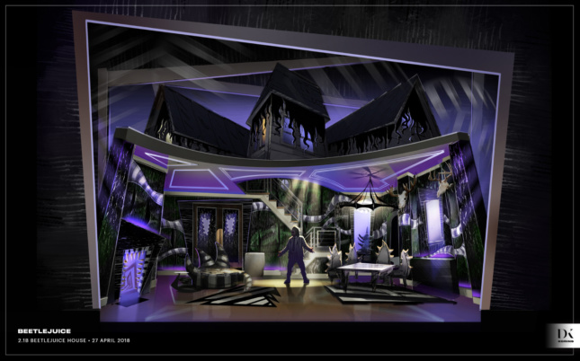 Rendering of a house splashed with purple light and diabolic fixtures