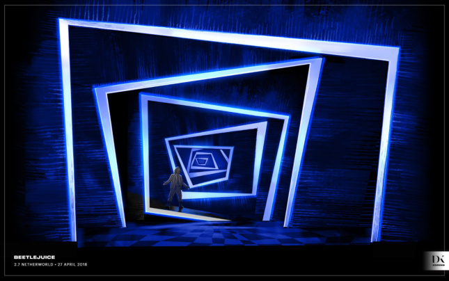 Rendering of a hyper-angular set with white and blue lights forming a tunnel