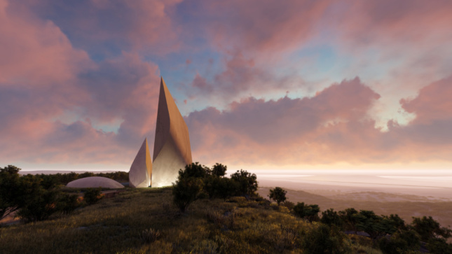 Rendering of a jagged concrete spire set against a sweeping plane
