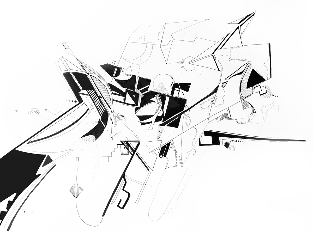Black and white drawing by Hans Koesters showing a variety of line fragments mixed together