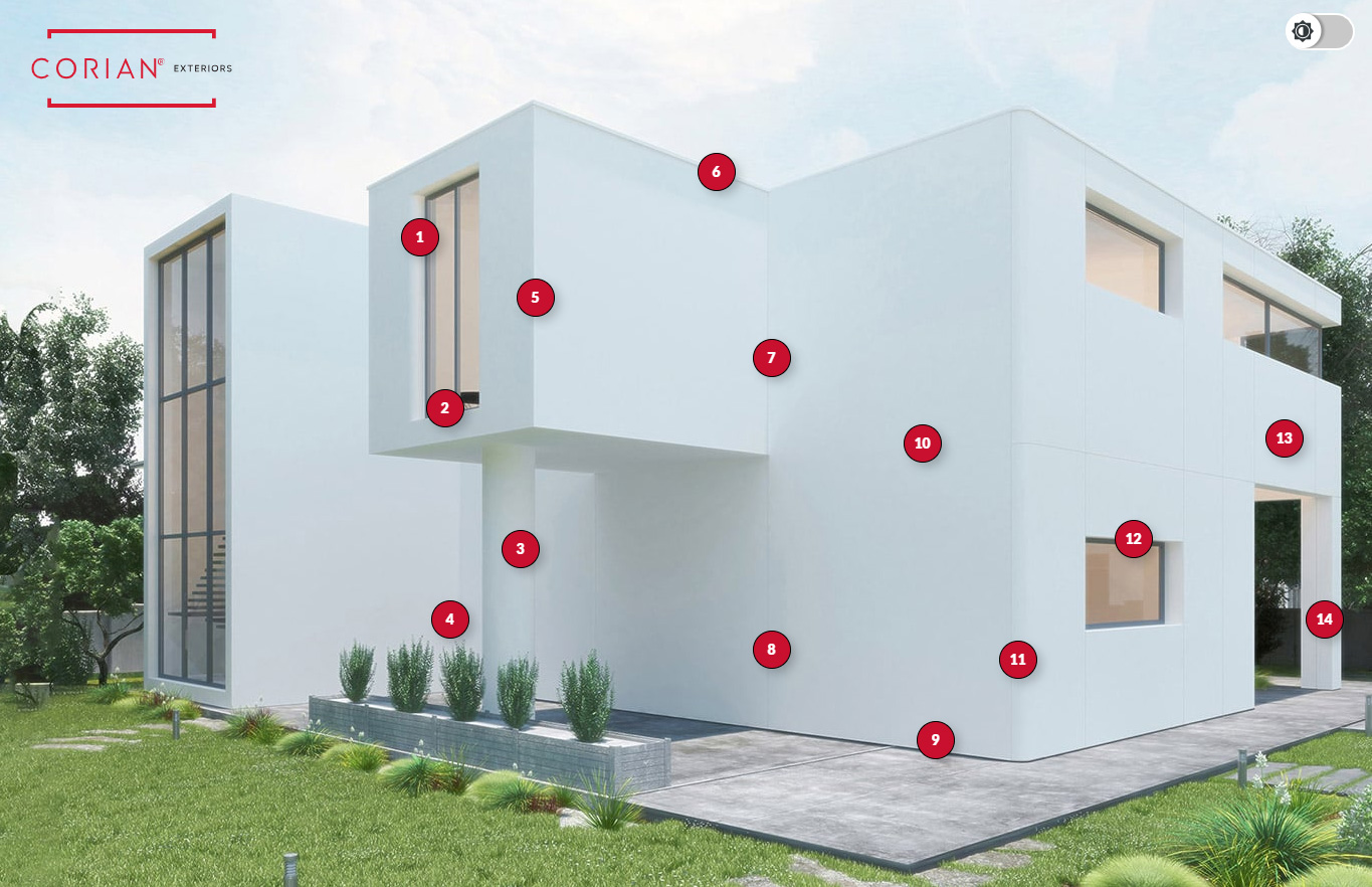 Photo of a modernist house with red numbered dots superimposed across its surface