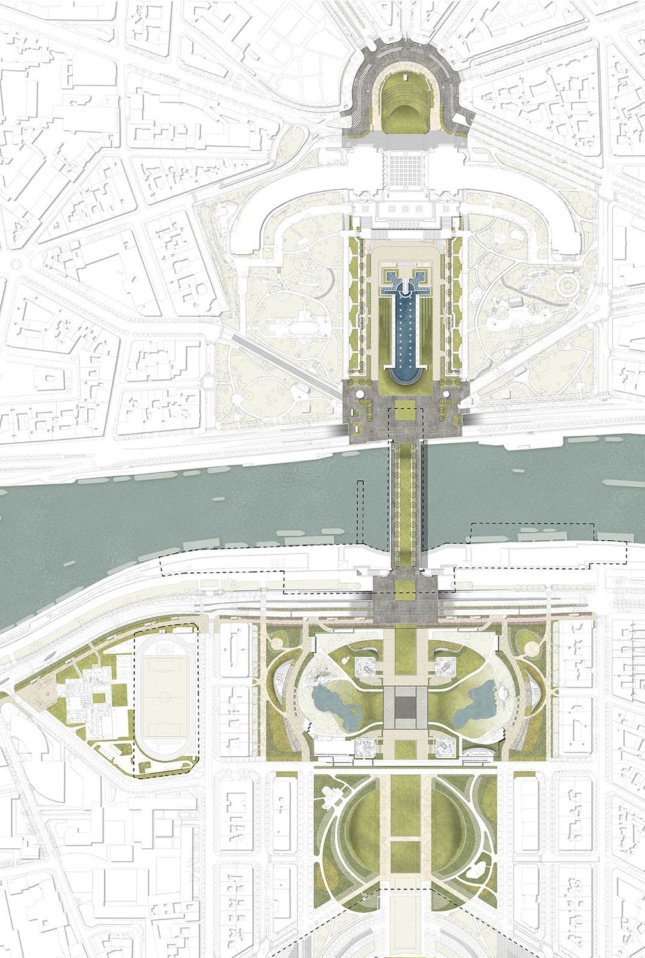 Site plan depicting a greenway running one-mile from the Eiffel Tower in either direction