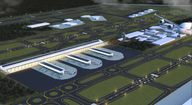 Aerial rendering of an airport with three terminals