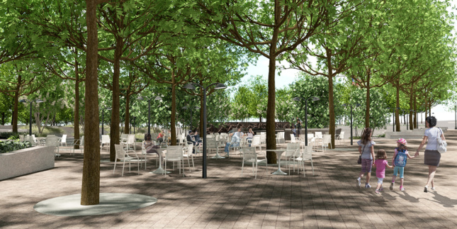 Rendering of seating within urban park and memorial