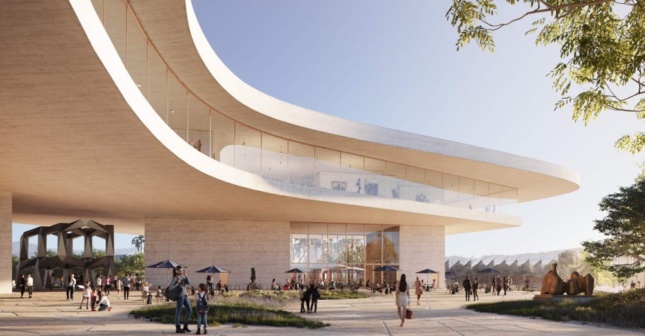Exterior rendering of low-hanging white museum