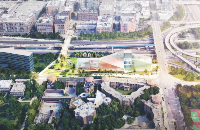 Rendering of an arts center with several box-like volumes and twisted roofs connecting them