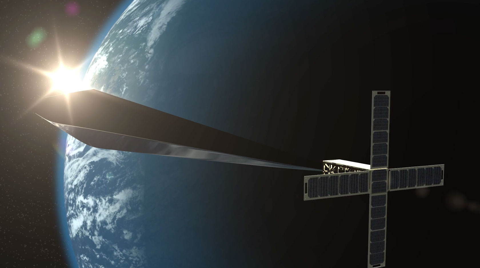 Rendering of a diamond-shaped obelisk attached to a satellite in orbit