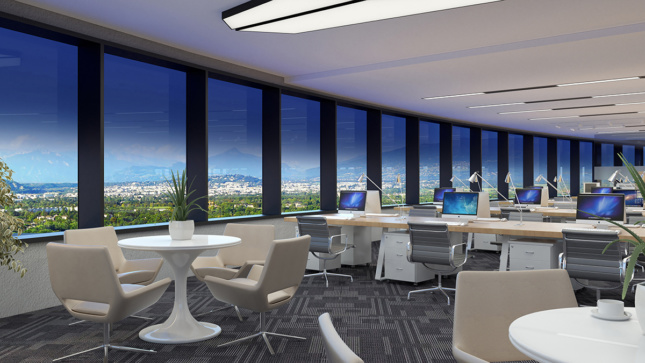 Rendering of an office interior with a panoramic glass window