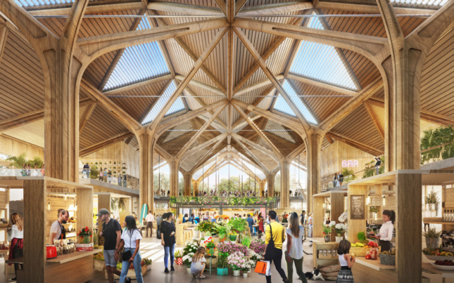 Rendering of an enclosed market hall supported by timber columns