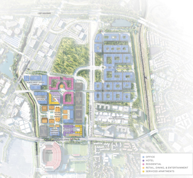 An aerial site plan that places residential and office projects to the west, and space for a multibuilding corporate campus to the east of Lafayette Street