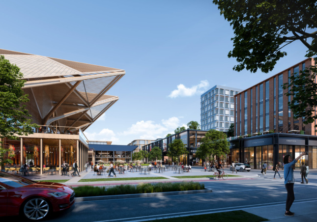 Rendering of a streetscape with a swooping timber canopy to the left